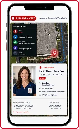 Incident detail view showing panic alarm location and status