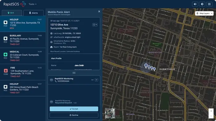 RapidSOS dashboard showing incident location