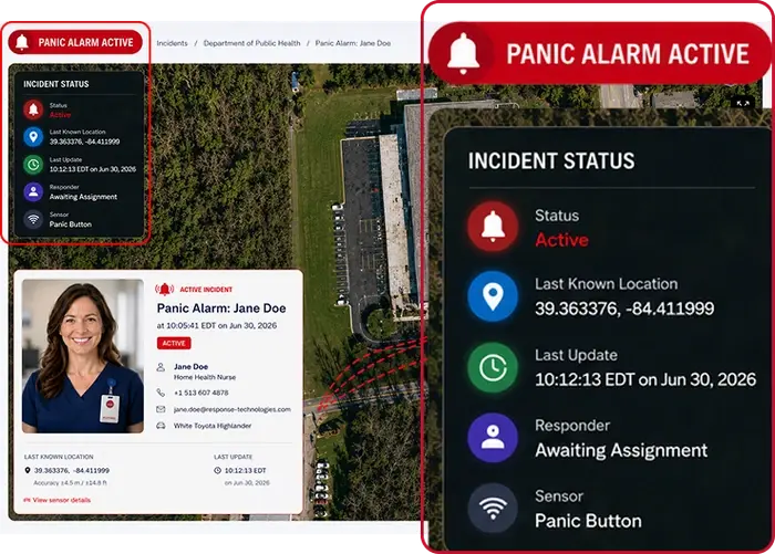 Panic alarm incident dashboard and mobile detail view